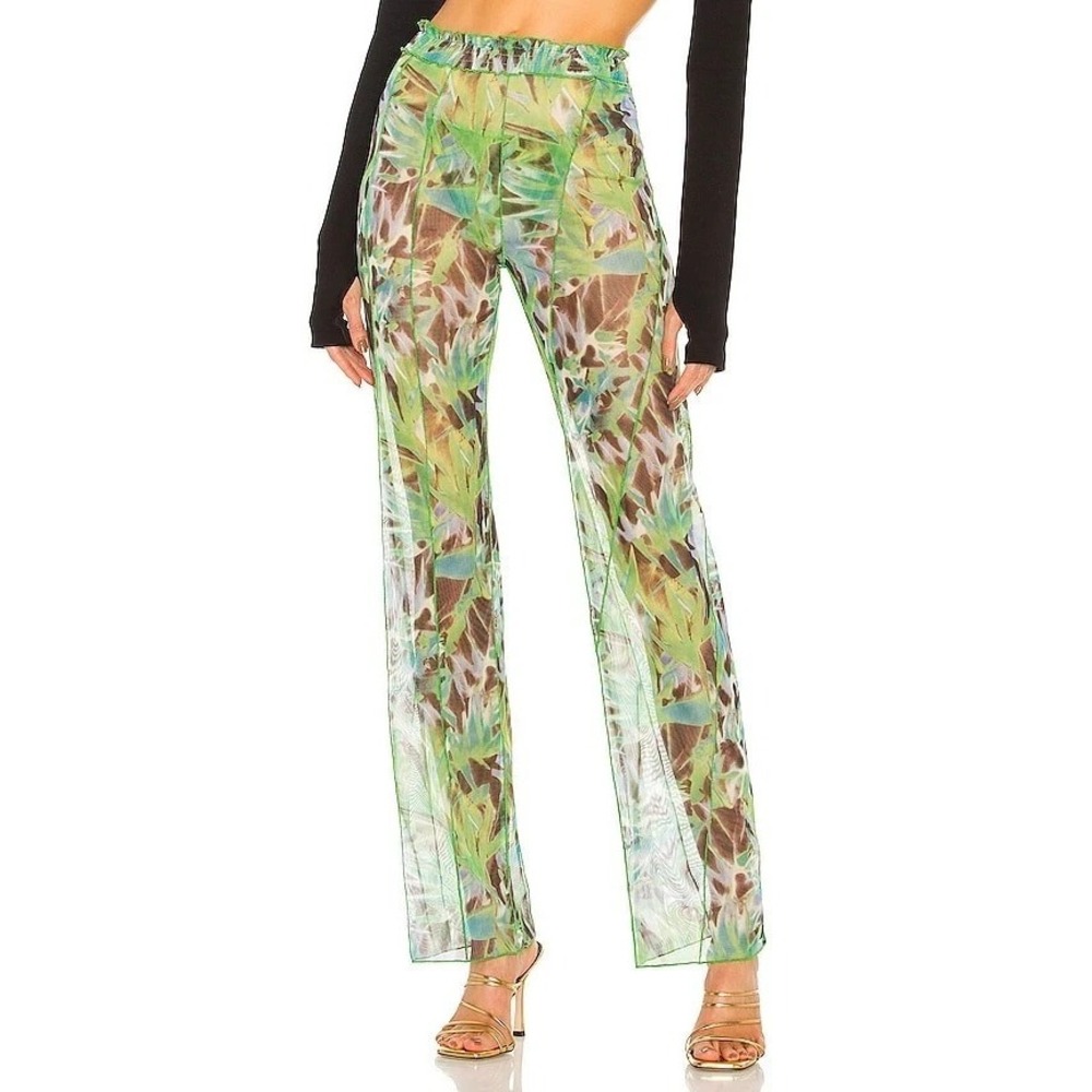 KIM SHUI Mesh Pants XS Lounge Swim Flare Leg High Waist Ruched EUC Green Floral